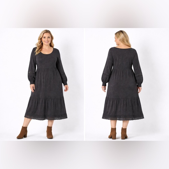 Canyon Retreat Dresses & Skirts - Canyon Retreat Washed Black Boho Midi Dress 1X | Tiered Hem Lace Trim